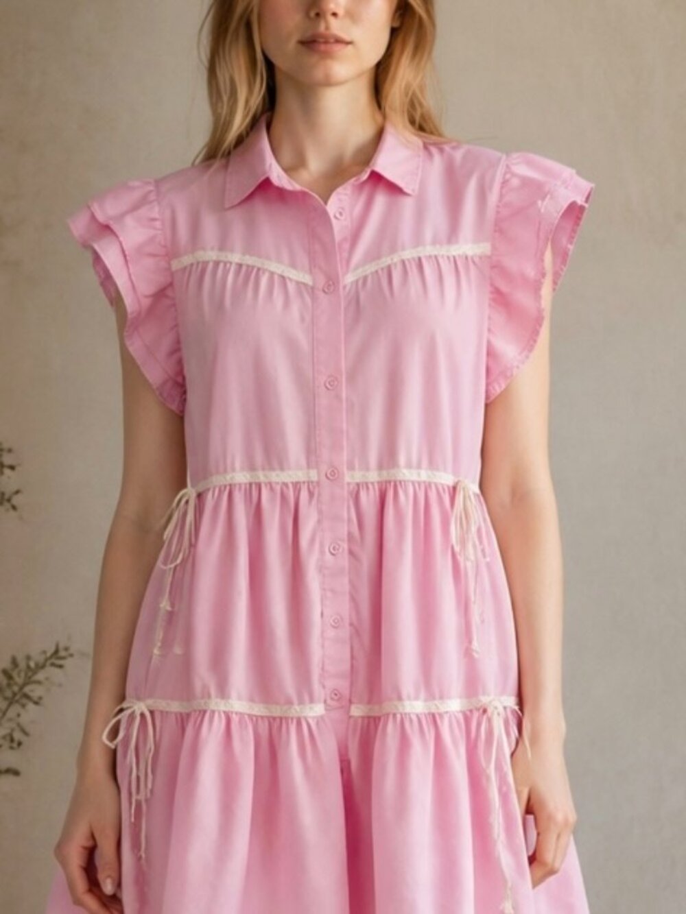 Entro Pink Boho Cottagecore Flutter Sleeve Tiered Babydoll Dress Women's size M